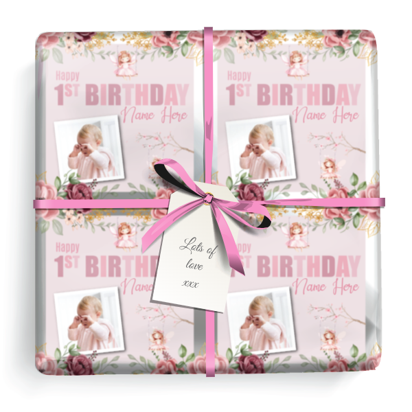 Personalised Party Wrapping Paper - 1st Birthday Pink Fairy - 1 Photo & Name