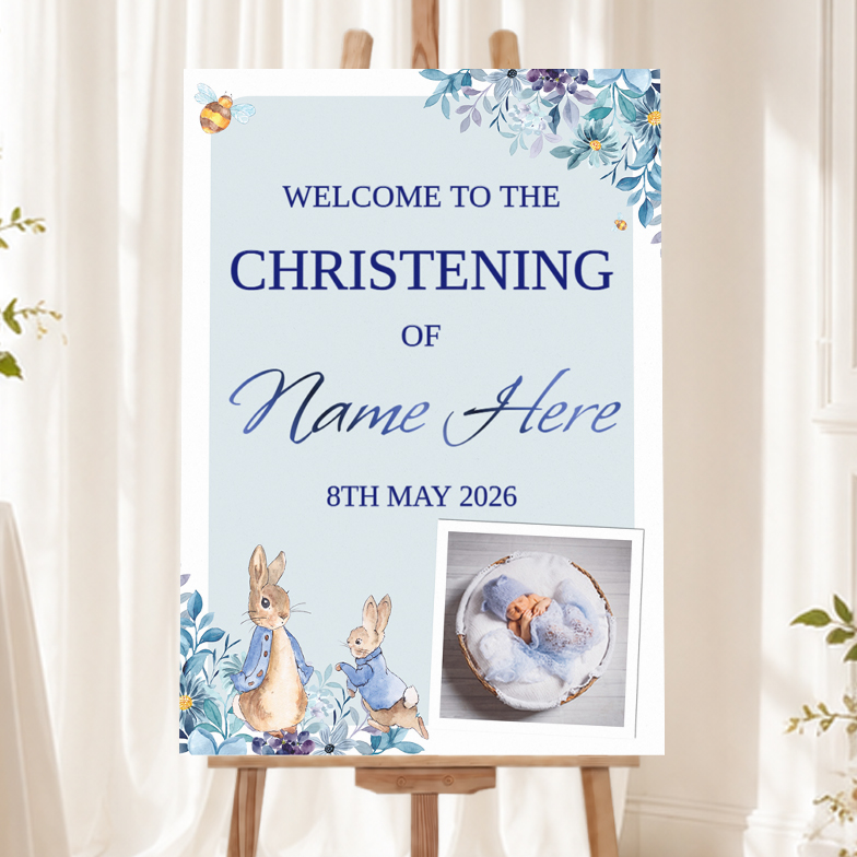 Personalised Christening Welcome Sign - Blue Peter Rabbit Welcome Board