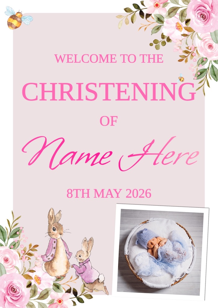 Christening Welcome Board - Pink Peter Rabbit - Add Text & Photo