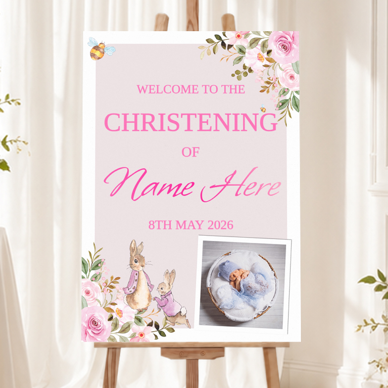 Christening Welcome Board - Pink Peter Rabbit - Add Text & Photo