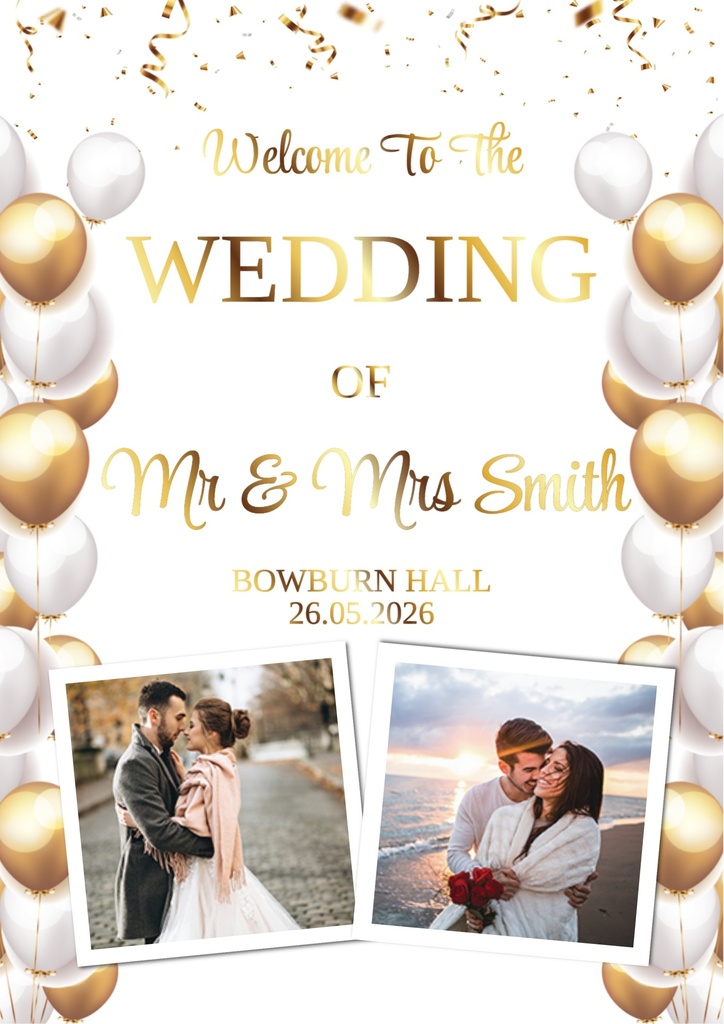 Wedding Welcome Board - Gold & White Balloons