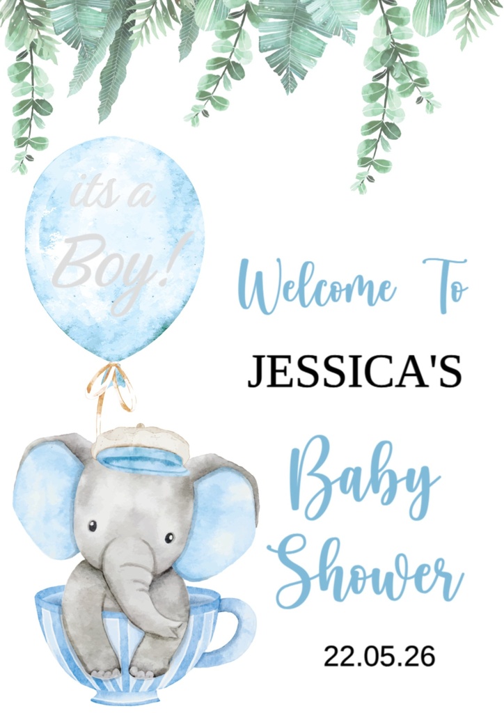 Baby Shower Welcome Board - Blue Elephant - Add Text