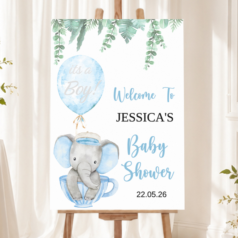 Baby Shower Welcome Board - Blue Elephant - Add Text