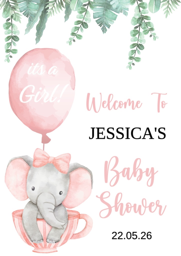 Baby Shower Welcome Board - Pink Elephant - Add Text