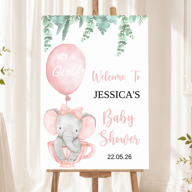 Personalised Baby Shower Welcome Sign - Pink Elephant Welcome Board