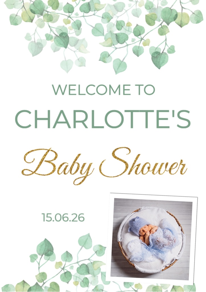 Baby Shower Welcome Board - Green Leaves - Add Text & 1 Photo