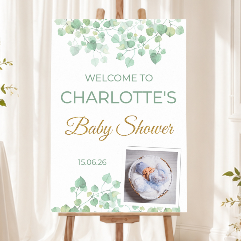 Baby Shower Welcome Board - Green Leaves - Add Text & 1 Photo