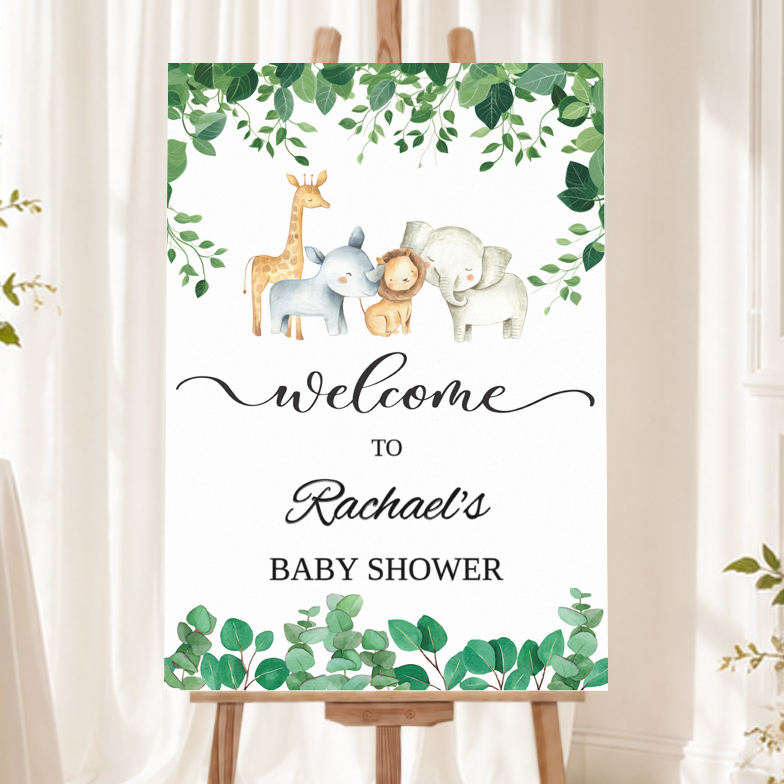 Personalised Baby Shower Welcome Sign - Safari Baby Animals Welcome Board
