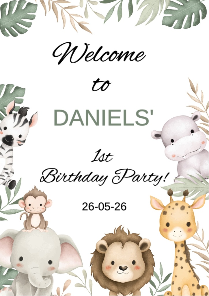 1st Birthday Welcome Board - Safari Baby Animals  - Add Text