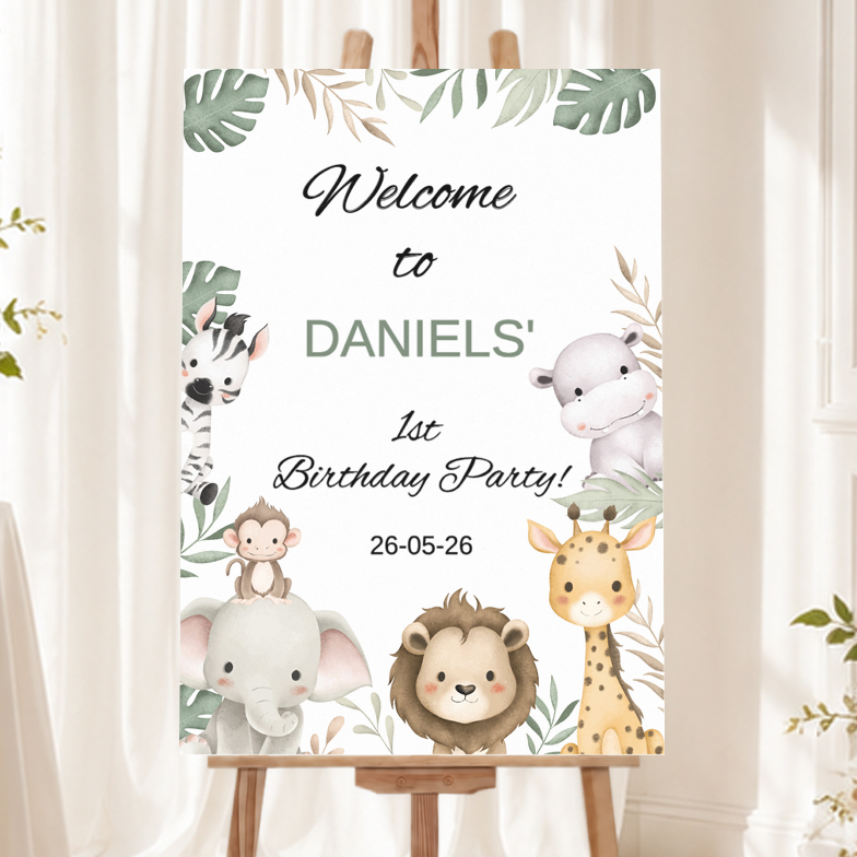 Kids 1st Birthday Welcome Board - Safari Baby Animals  - Add Text