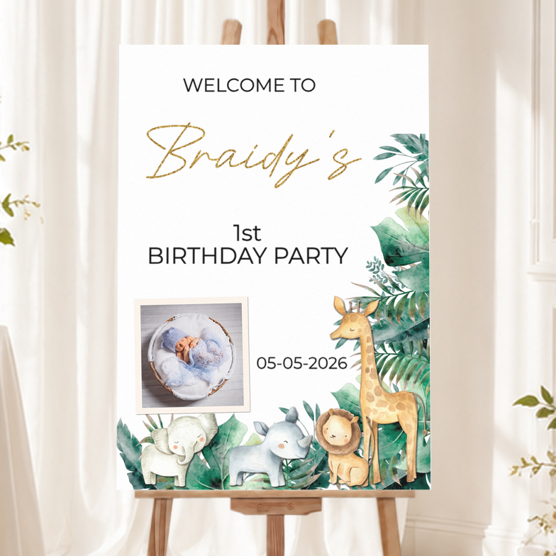 Personalised 1st, 2nd or 3rd Birthday Welcome Sign with 1 Photo - Safari Baby Animals Welcome Board