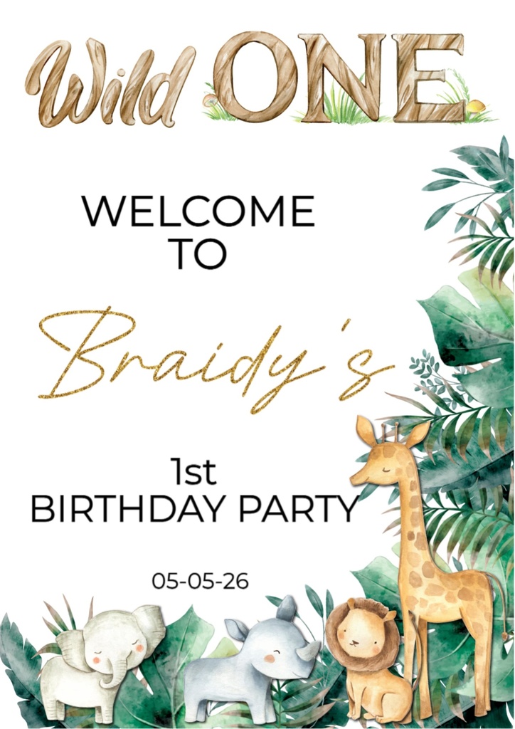 1st Birthday Welcome Board - Wild One Safari Animals  - Add Text