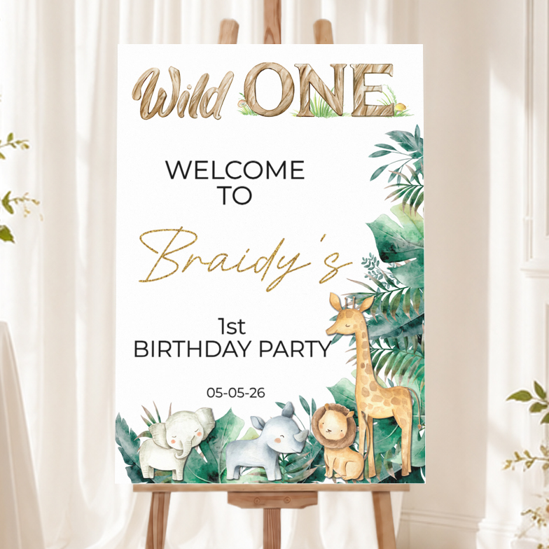 1st Birthday Welcome Board - Wild One Safari Animals  - Add Text