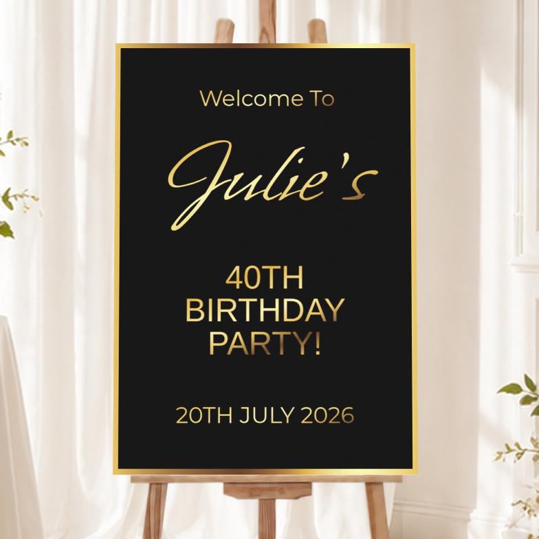 Personalised Birthday Welcome Sign - Gold & Black Welcome Board