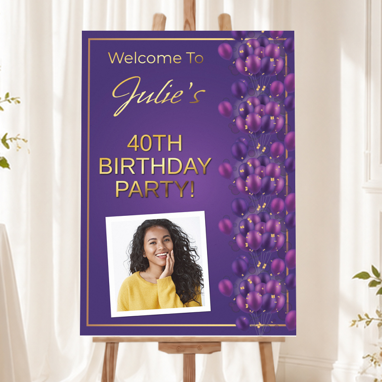 Personalised Birthday Welcome Sign with 1 Photo - Purple Balloons Welcome Board