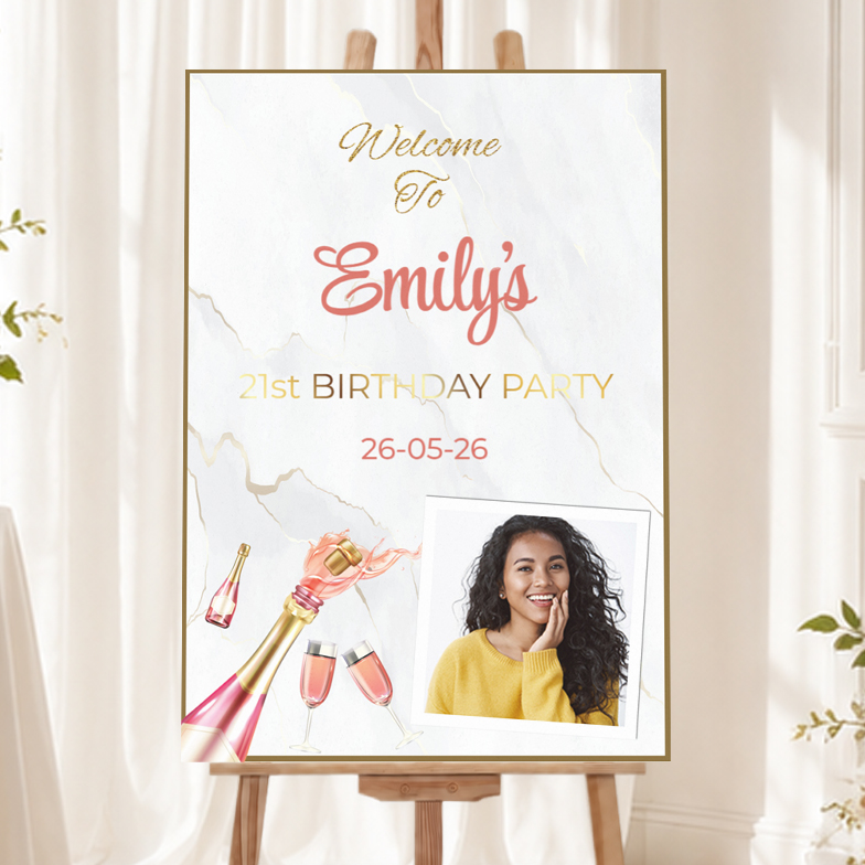 Personalised Birthday Welcome Sign with 1 Photo - Pink Champagne Welcome Board