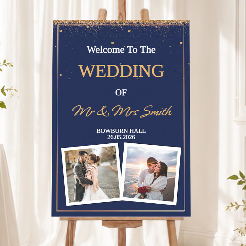 Personalised Wedding Welcome Sign with 2 Photos - Blue & Gold Welcome Board