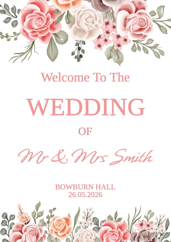 Wedding Welcome Board - Pink Floral Design