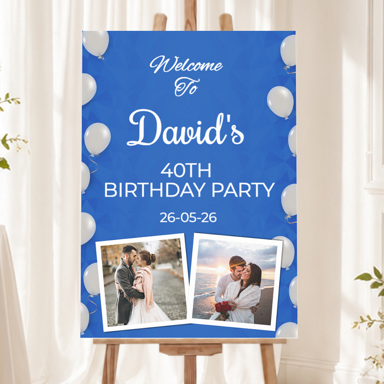 Personalised Birthday Welcome Sign with 2 Photos - Blue & White Balloons Welcome Board