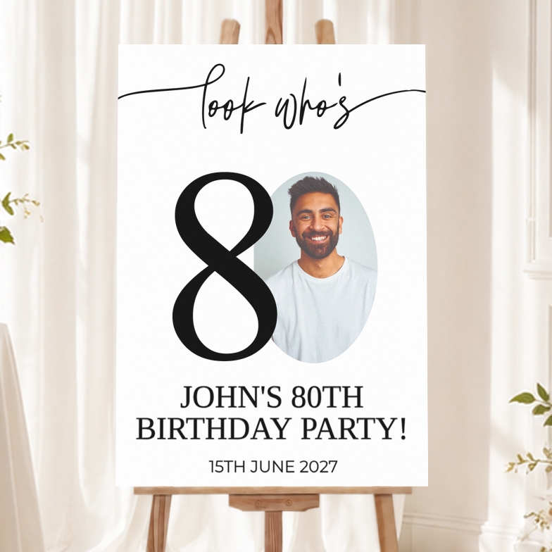 Personalised 80th Birthday Welcome Sign with 1 Photo - Look Who's 80 Welcome Board