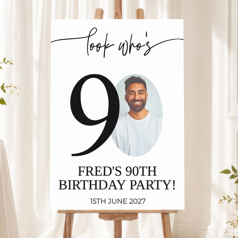 Personalised 90th Birthday Welcome Sign with 1 Photo - Look Who's 90 Welcome Board