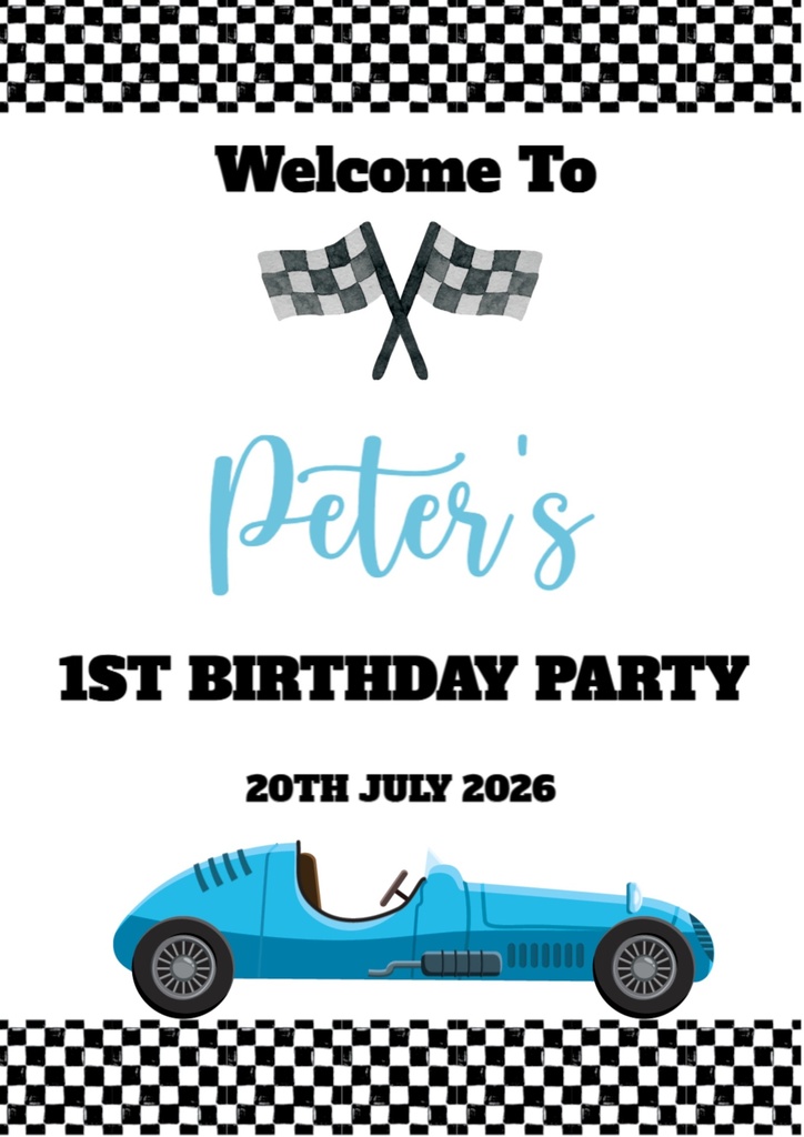 Birthday Welcome Board - Retro Blue Race Car
