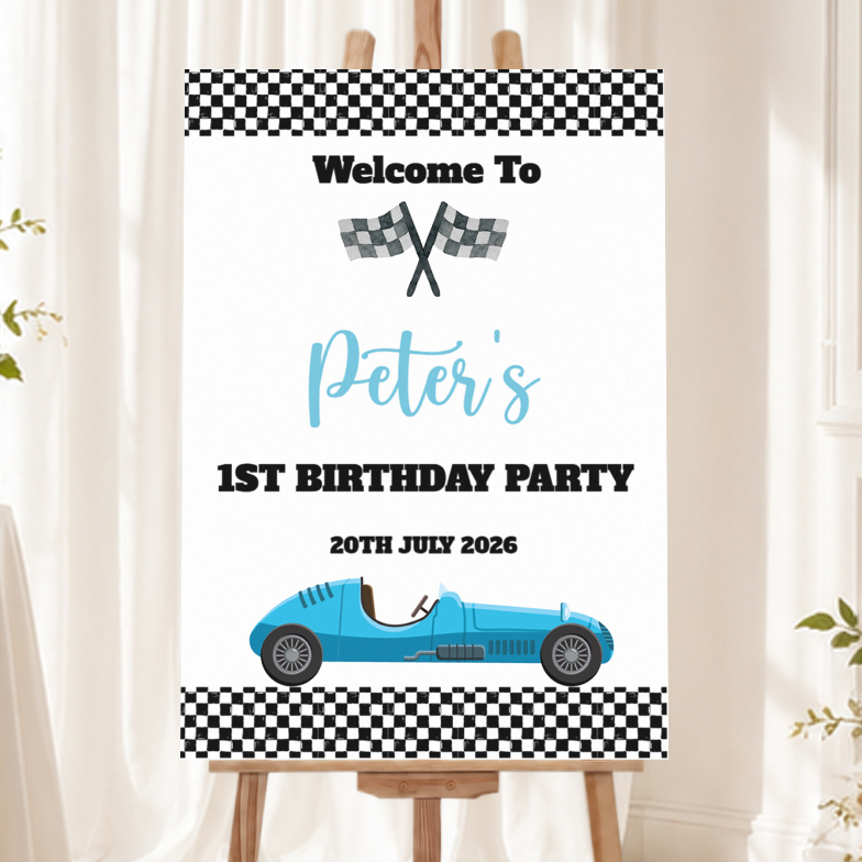 Birthday Welcome Board - Retro Blue Race Car