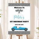 Personalised Kids' Birthday Welcome Sign - Retro Blue Race Car Welcome Board
