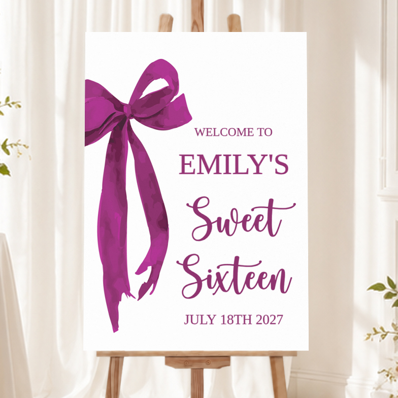 Personalised Sweet 16 Birthday Welcome Sign - Pink Bow Welcome Board