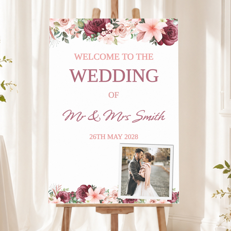 Wedding Welcome Board - Pink Purple Floral Design