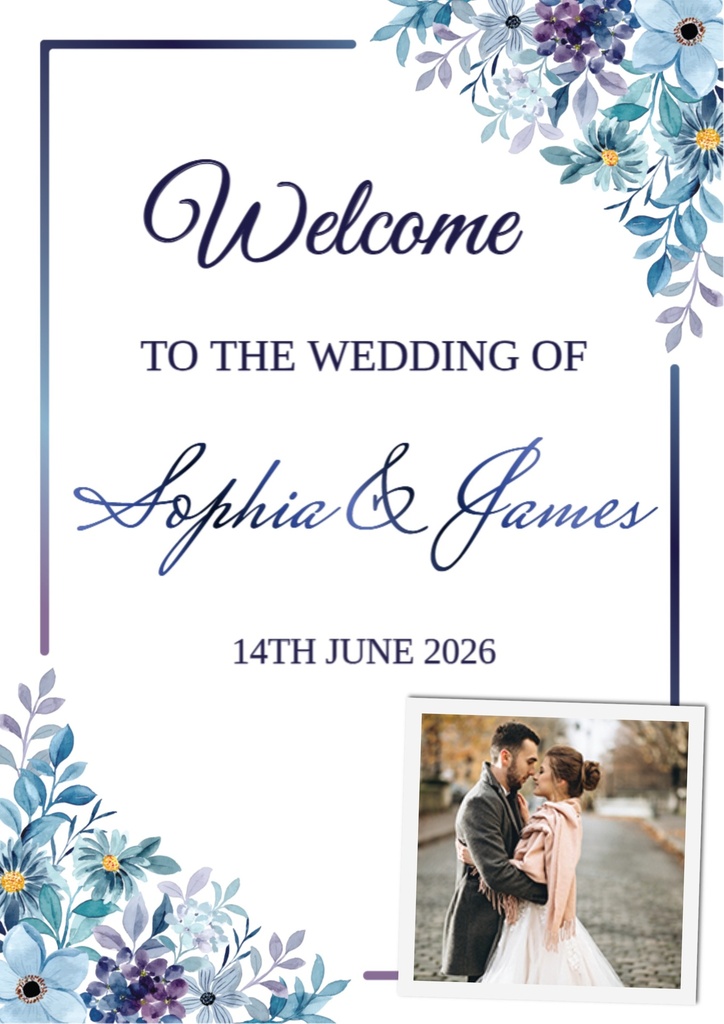Wedding Welcome Board - Blue Floral Corner Design - 1 Photo