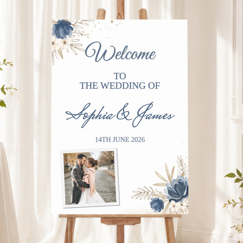 Personalised Wedding Welcome Sign with 1 Photo - Blue Flower Welcome Board