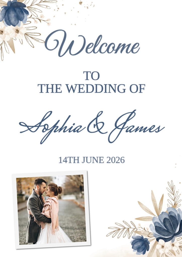 Wedding Welcome Board - Blue Flower Design - 1 Photo