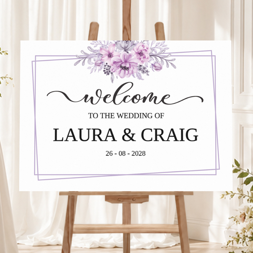 Personalised Wedding Welcome Sign - Lilac Flower Landscape Welcome Board