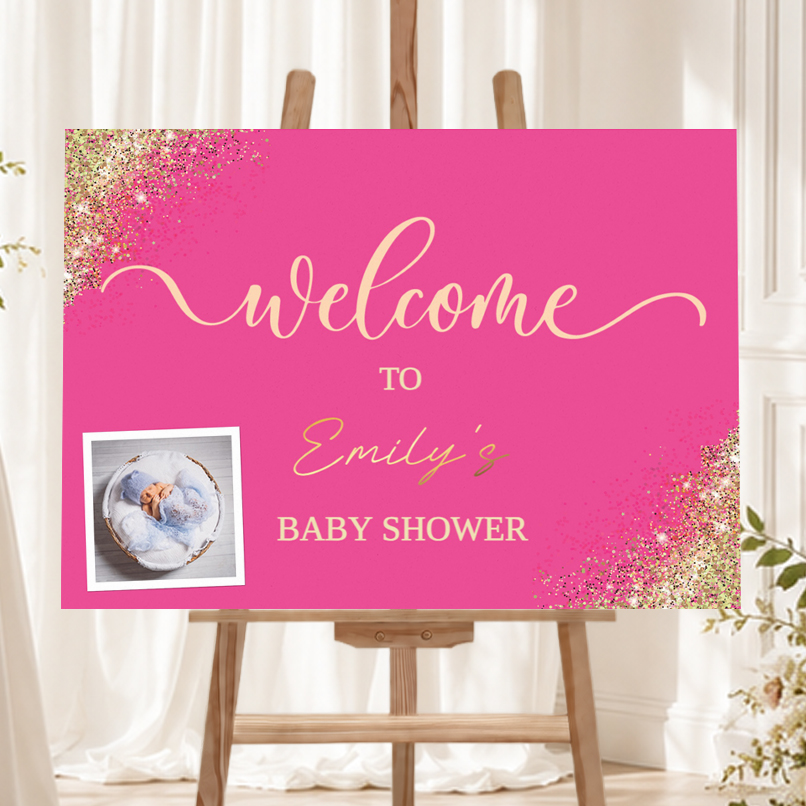 Baby Shower Welcome Board - Pink - Add Text & 1 Photo - Landscape Design