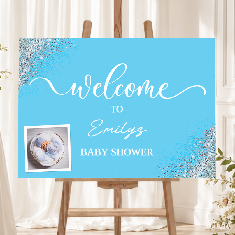 Personalised Baby Shower Welcome Sign with 1 Photo - Blue Landscape Welcome Board