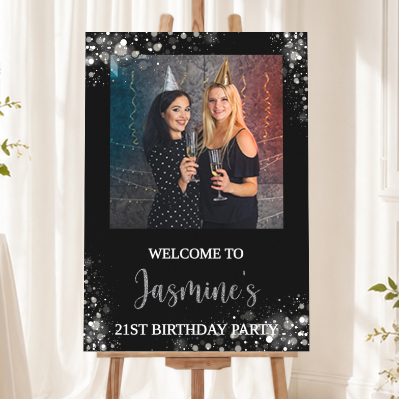 Personalised Birthday Welcome Sign with 1 Photo - Black & Silver Welcome Board