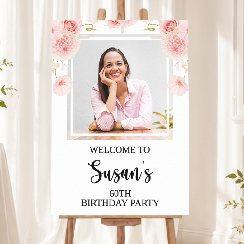 Personalised Birthday Welcome Sign with 1 Photo - Pink Floral Welcome Board