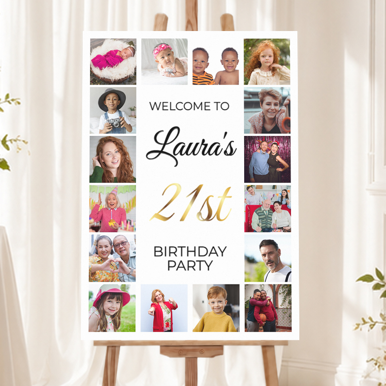 Personalised Birthday Welcome Sign with 16 Photos - Photo Collage Welcome Board