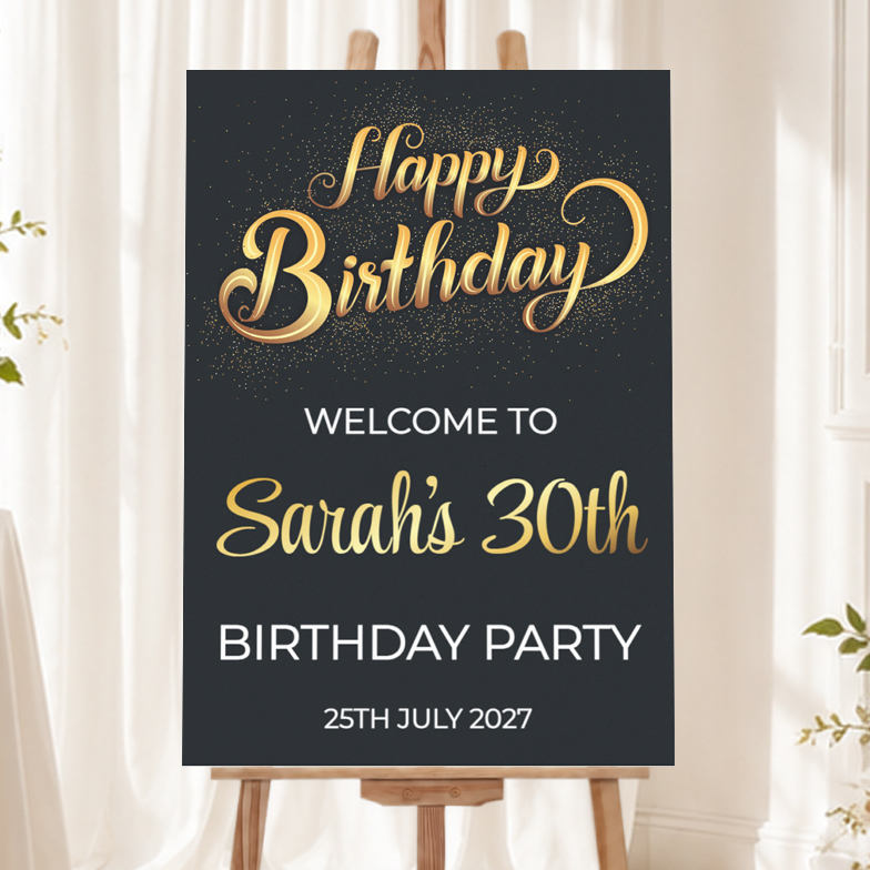 Personalised Happy Birthday Welcome Sign - Black & Gold Welcome Board