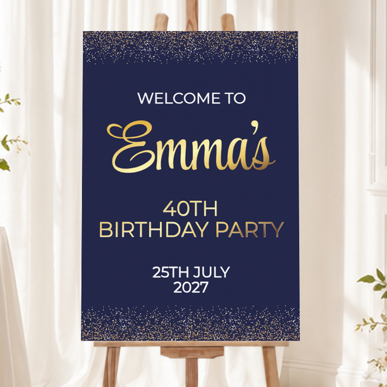 Personalised Birthday Welcome Sign - Blue & Gold Welcome Board