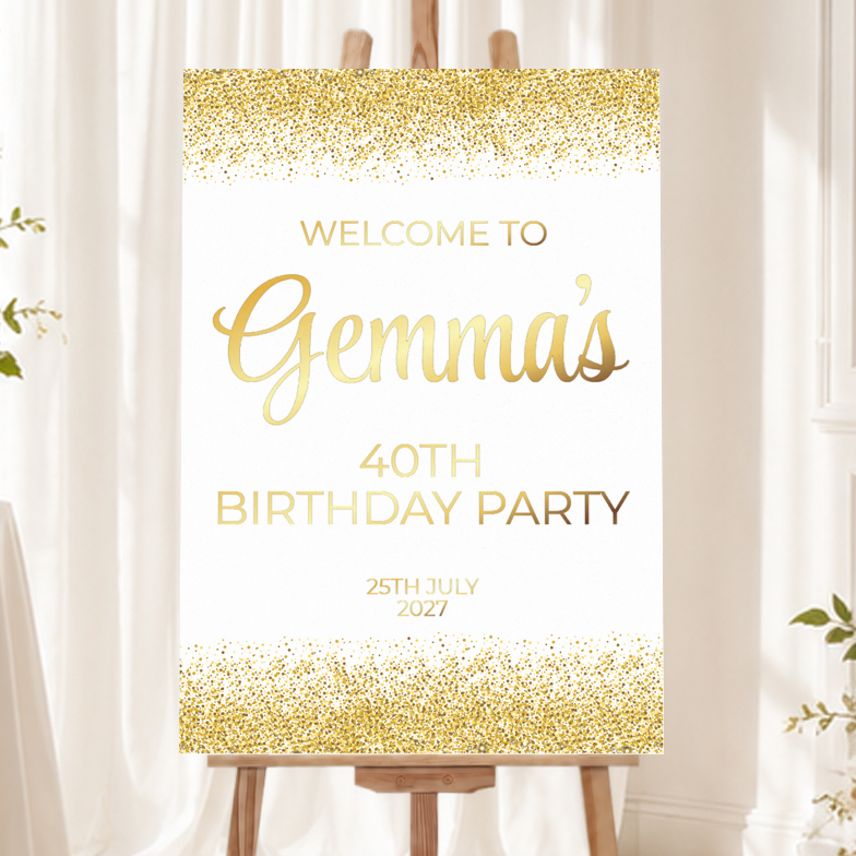 Personalised Birthday Welcome Sign - Gold Sparkle Welcome Board