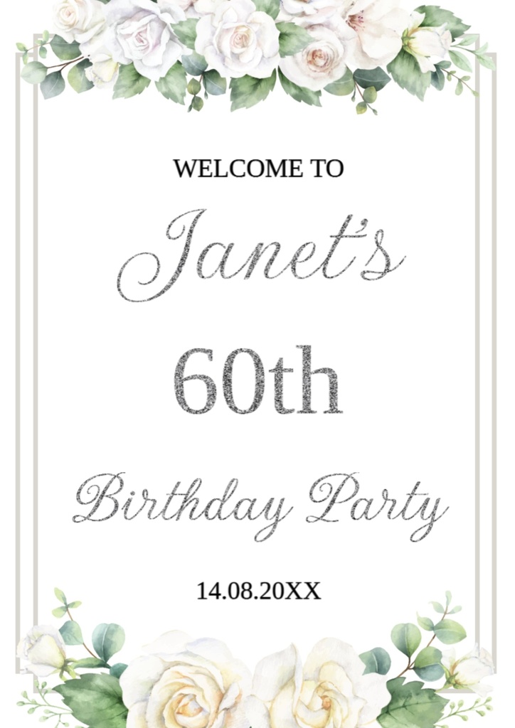 Birthday Welcome Board - White Roses Floral Border