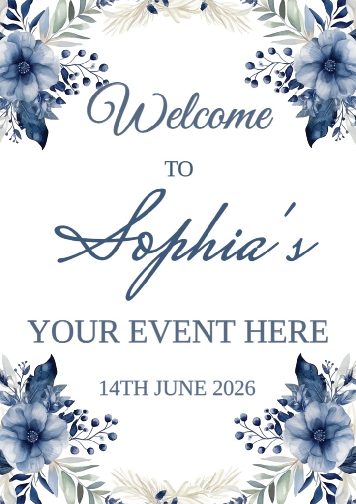 Birthday Welcome Board - Blue Floral Corner Design