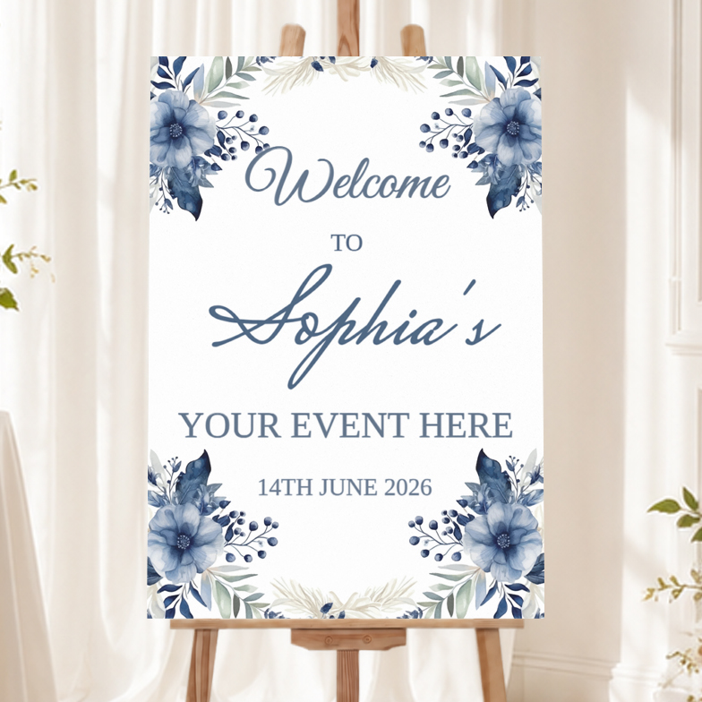Personalised Birthday Welcome Sign - Blue Floral Corner Welcome Board