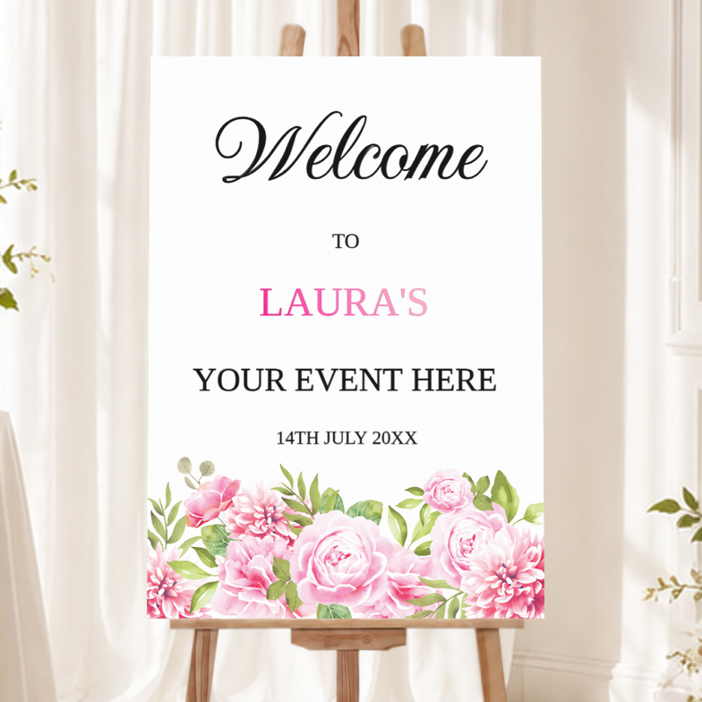 Personalised Birthday Welcome Sign - Pink Flowers Welcome Board