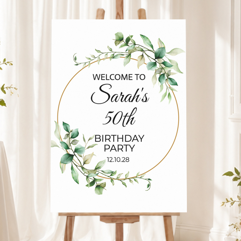 Birthday Welcome Board - Green Leaves Circular Design
