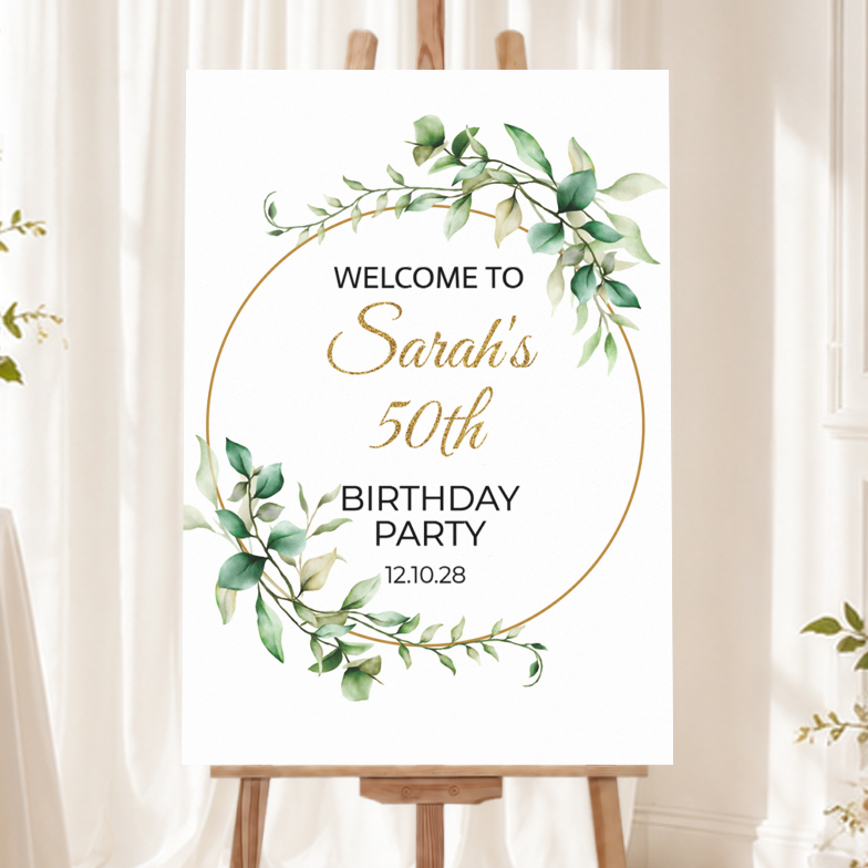 Personalised Birthday Welcome Sign - Green Leaves Circular Welcome Board
