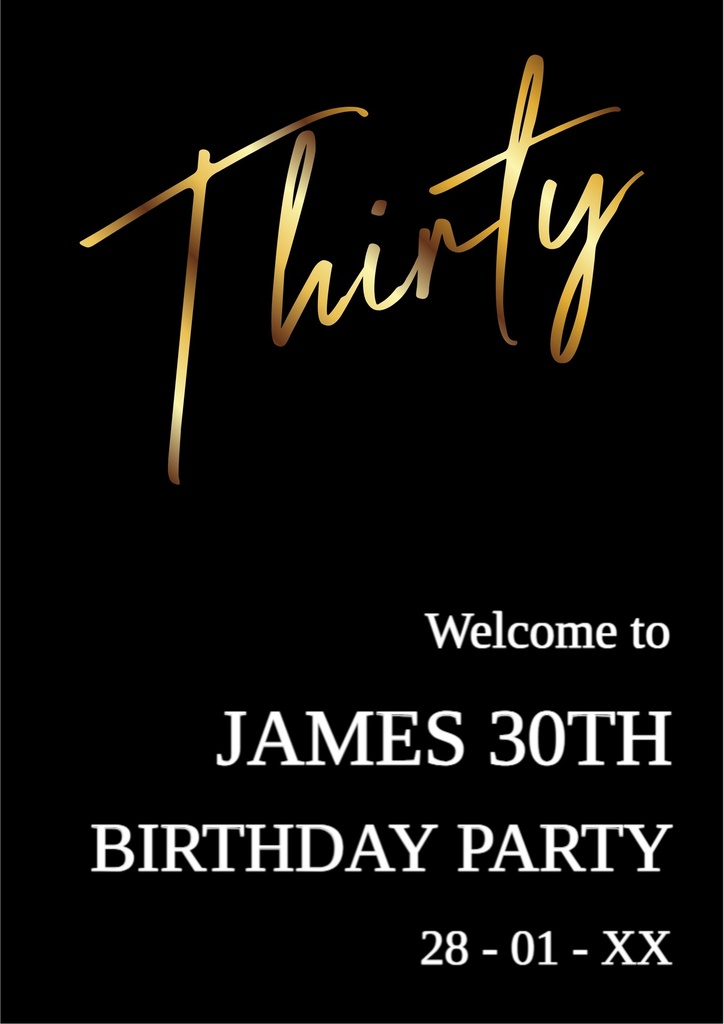 30th Birthday Welcome Board - Thirty Black & Gold