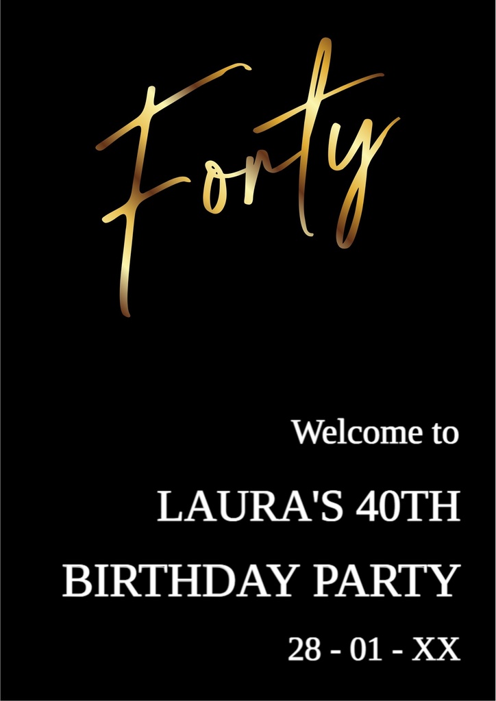 40th Birthday Welcome Board - Forty Black & Gold